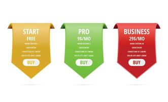 arancel comparación mesa elemento - web ui modelo - básico, estándar, prima fijación de precios tarifas - Tres columnas con opciones en diferente colores - vector infografia