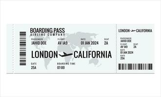 Realistic airline ticket design with passenger name. Vector illustration on white background.