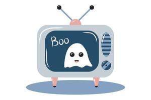 Television set in a room at night, showing static noise and a Cute ghost. Horror themed. Vector illustration