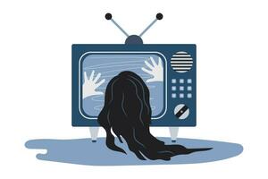 Television set in a room at night, showing static noise and a female ghost. Horror themed. Vector illustration