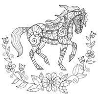 caballo y flor vino mano dibujado para adulto colorante libro vector