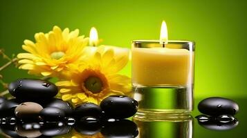Nature's Bliss. Green Background Enhances Spa Still Life with Yellow Flower and Candles photo