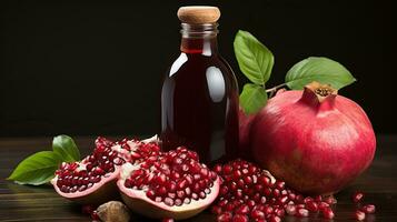 Savory Delights. Glass Bottle of Pomegranate Sour Sauce with Ripe Fruit on Rustic Setting photo