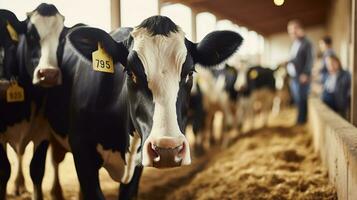 Black and white cows with numbers eating grass in stalls and young farm workers standing and communicating at background. Agriculture and modern cow farm concept photo