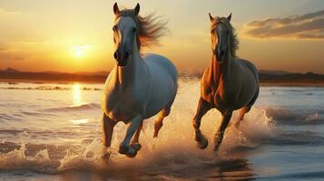 dos magnífico caballos en un poderoso puesta de sol correr por el mar. generativo ai foto