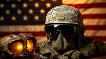 Veterans Day Tribute. Kevlar Helmet, Camo Cover, and the American Spirit. Generative AI photo