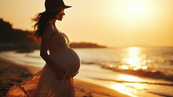 Pregnant woman silhouette on sea beach, future mother waiting birth of baby, woman with pregnant belly walking on seacoast, Generative AI photo