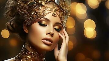 Model Girl face with gold skin, nails, make-up and accessories. Fashion Magic Woman with holiday golden makeup photo