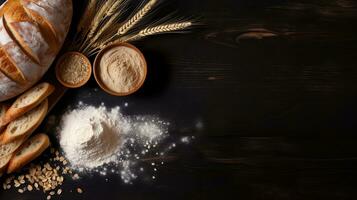 Rustic Bread Delight. Fresh Loaf, Wheat Ears, and Flour on Dark Board. Generative AI photo