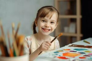 Girl painting brushes smiling. Generate Ai photo