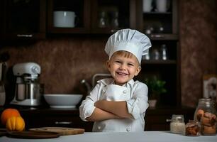 linda niño cocinero sonriente. generar ai foto