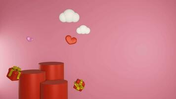 San Valentino giorno vendita lusso rosso podio con cuore e regalo scatola rosa sfondo 3d illustrazione vuoto Schermo scena video