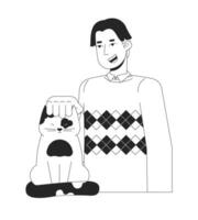 Korean teenage boy petting cat black and white 2D line cartoon character. Middle part bangs male asian isolated vector outline person. Kitten being petted monochromatic flat spot illustration