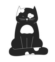 Sleepy cat squinting eyes black and white 2D line cartoon character. Spotted feline pet wrapping tail around itself isolated vector outline animal. Blinking kitten monochromatic flat spot illustration