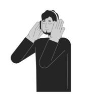 Headphones middle eastern guy bearded black and white 2D line cartoon character. Carefree arab man listening to music isolated vector outline person. Music lover monochromatic flat spot illustration