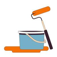 Home painting tools 2D linear cartoon object. Paint bucket with roller. Painting supplies isolated line vector item white background. Renovation. Construction site color flat spot illustration