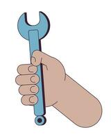 Wrench holding linear cartoon character hand illustration. Handyman tool outline 2D vector image, white background. Auto mechanic, repairman arm. Spanner do-it-yourself editable flat color clipart