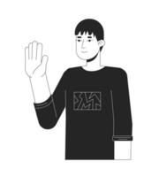 Normal japanese guy waving shyly black and white 2D line cartoon character. Asian young man saying hello isolated vector outline person. Greeting gesture monochromatic flat spot illustration