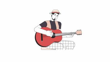 músico jugando acústico guitarra línea 2d personaje animación. guitarrista En Vivo actuación plano color dibujos animados 4k video, alfa canal. caucásico chico sostiene instrumento animado persona en blanco antecedentes video
