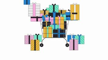 Shopping cart overflowed with gifts line 2D object animation. Black Friday pile of presents with trolley flat color cartoon 4K video, alpha channel. Falling boxes animated item on white background video