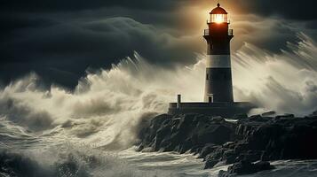 faro en pie fuerte en contra el asalto de Tormentoso mares generativo ai foto