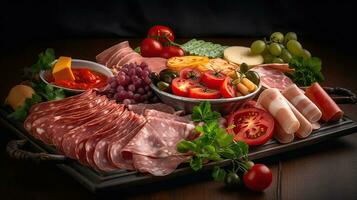 Food tray with delicious salami, pieces of sliced ham, sausage, tomatoes, salad and vegetable. Generative AI photo