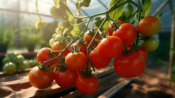 Ripe juicy red tomatoes in the greenhouse. Generative AI photo