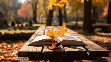 Embracing Autumn's Charm with a Book on a Wooden Bench. Generative AI photo