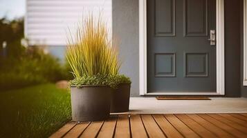 Potted Grass and Wooden Walkway in a Stylish Suburban House. Generative AI photo