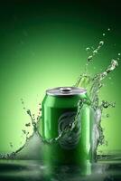 Cool and Refreshing. Green Can Soft Drink Unleashes a Splash. Generative AI photo