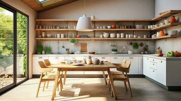Scandinavian kitchen design with white chairs adjacent, numerous dishes and utensils on light kitchen furniture, and spice racks. hazy background. Generative AI photo