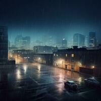 Rainy Night Reverie. A Soothing View of the City's Skyscrapers. Generative AI photo