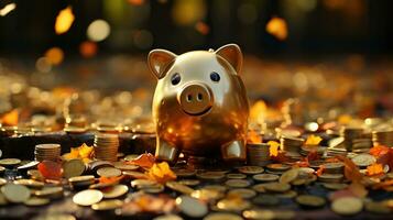 Finance concept. Golden piggy bank with around coins. Savings and investment, business and money photo