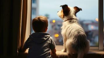 Little boy and dog look out the window. Generative AI photo