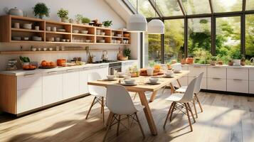 Scandinavian kitchen design with white chairs adjacent, numerous dishes and utensils on light kitchen furniture, and spice racks. hazy background. Generative AI photo