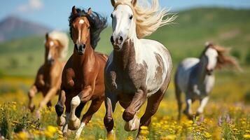 caballos Galopando mediante lleno de flores prado foto