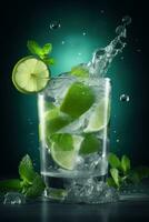 Closeup of a deliciously refreshing mojito drink, clearly visible water from the ice. Generative AI photo