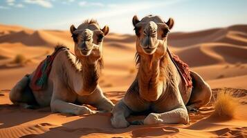 Two camels resting in the desert sand. Generative AI photo