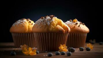 Lineup of Delectable, Irresistible Muffins, Overflowing with Temptation and Flavor. Generative AI photo