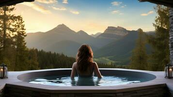 Long-Haired Beauty Enjoys Outdoor Jacuzzi on the background of landscape with forest and mountains photo