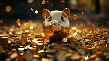 Golden piggy bank with around coins. Savings and investment. Finance concept photo