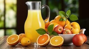 A jug of orange juice and sliced fruits on desk. Generative AI photo