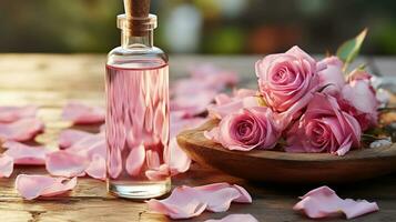 Spa and aromatherapy cosmetic concept. Pink rose flower and glass of bottle essential oil with rose petals photo