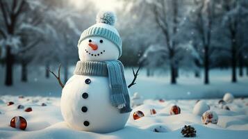 Happy snowmen standing in winter christmas landscape. Merry christmas and happy new year greeting card with copy-space. photo