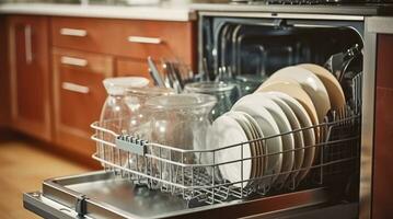 Dishwashing Perfection. A Stocked Dishwasher in a Neat Kitchen Setting. Generative AI photo