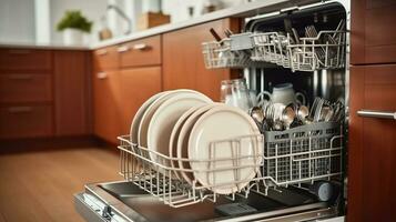 Dishwasher full with clean dishes in kitchen background. Generative AI photo