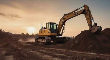 An Excavator's Graceful Dance in the Open Pit Mining. Sunset in the Quarry. Generative AI photo