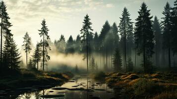 Pine Forest Awakens on a Misty Morning. Generative AI photo