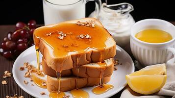Delicious breakfast. Fresh toast with salted caramel and honey. Generative AI photo