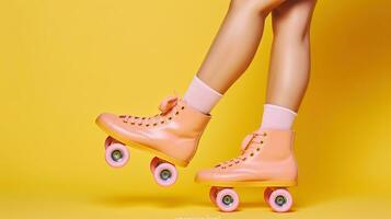 Portrait of legs in pink vintage quad roller skates shoes isolated on colorful background. Generative AI photo